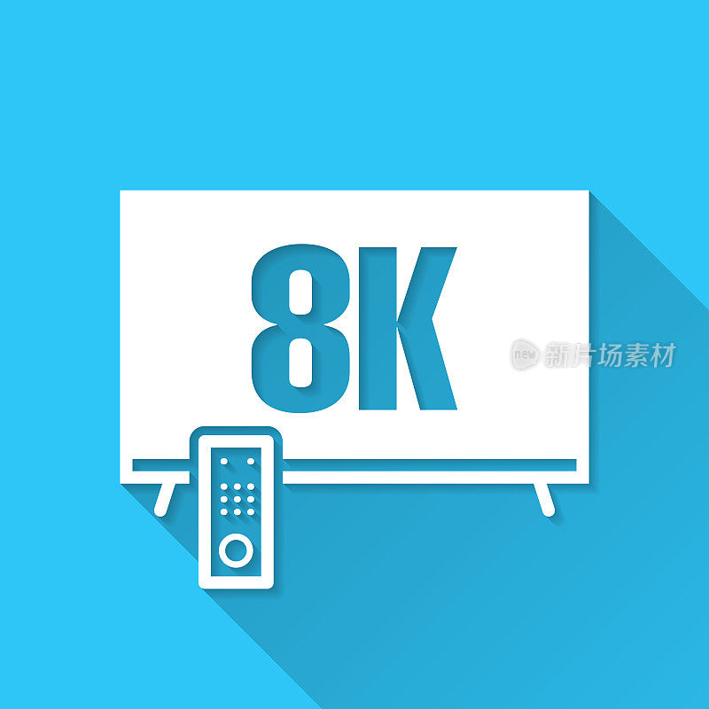 8 k电视。图标在蓝色背景-平面设计与长阴影